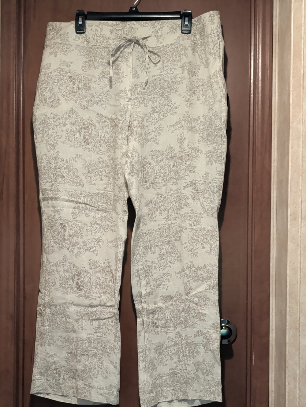 Calvin Klein Linen Cream and Tan Straight Leg Printed Pants